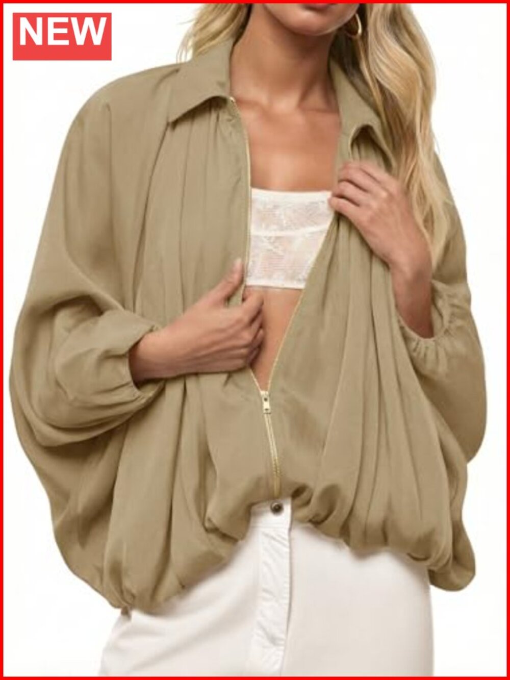Oversized Batwing Puffer Bomber Jacket Zip Up Long Sleeve Utility Pocket